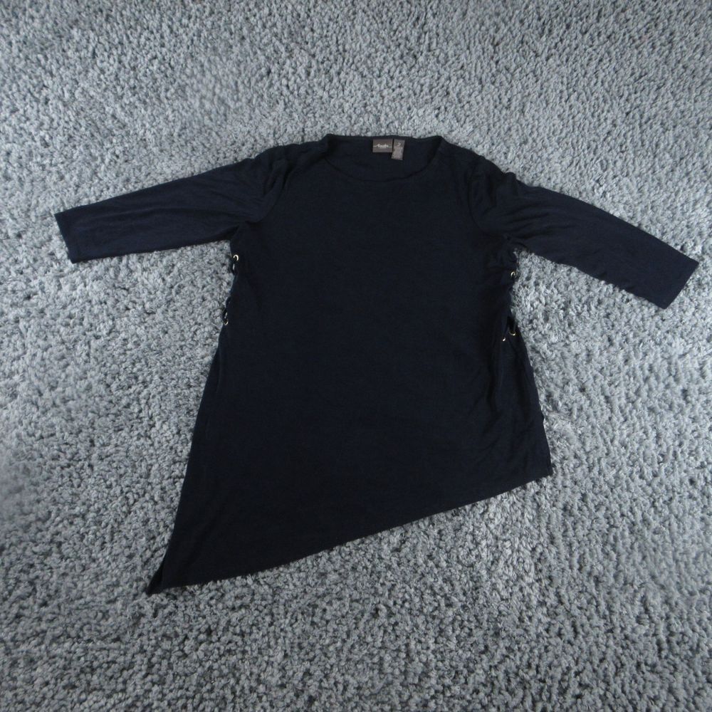 Chico's Travelers Shirt Womens 2 Blue 3/4 Sleeve Asymetric Pullover